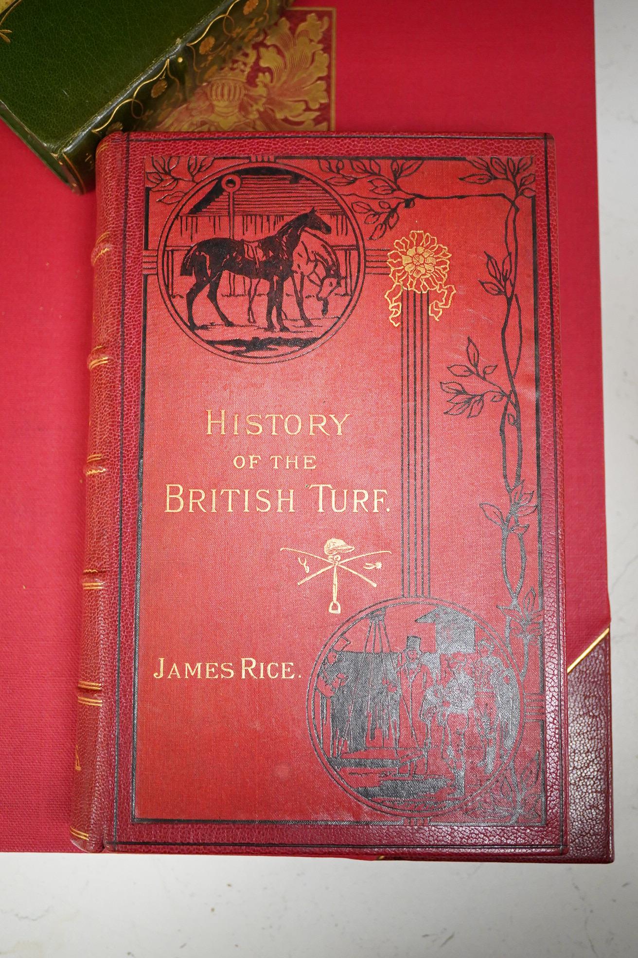 Rice, James - History of the British Turf ... 2 vols. frontispieces. rebound red morocco, gilt pictorial panelled spines, retaining the original gilt and pictorial upper covers (appropriately mounted), marbled e/ps., med